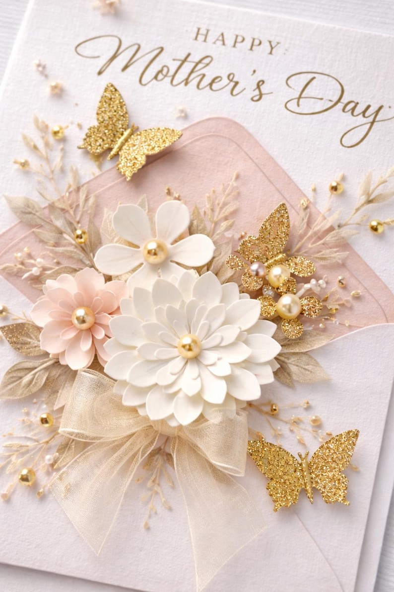 May include: A Mother's Day card with a floral arrangement and gold glitter butterflies. The card features a white envelope with a pink insert, adorned with white and pink flowers, a gold bow, and gold accents. The words "Happy Mother's Day" are written in gold script.