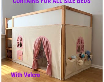 Montessori Bed Curtains | IKEA KURA Bed Curtains | Kids Playhouse Bed | 100% Cotton | Custom Size | Velcro