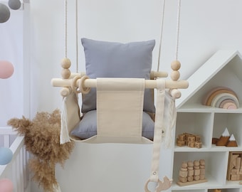 Wooden Baby Swing Indoor | Toddler Hanging Swing Seat with Cushion | Montessori Baby Swing | Natural Wood Nursery Swing | Baby Shower Gift