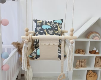 Wooden Baby Swing Indoor | Toddler Hanging Swing Seat with Cushion | Montessori Baby Swing | Natural Wood Nursery Swing | Baby Shower Gift