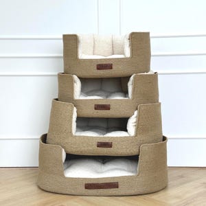 Letto per cani in juta personalizzato, letto per gatti fatto a mano con cuscino Teddy, cuscini rimovibili, letto per animali domestici Boho Eco, nome personalizzato