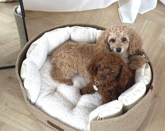 Personalized Jute Dog Bed, Handmade Cat Bed Basket with Teddy Cushion, Removable Bolsters, Boho Eco Pet Bed, Custom Name