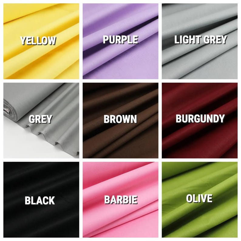 May include: A grid of nine fabric swatches in various colors, each labeled with text: yellow, purple, light grey, grey, brown, burgundy, black, barbie pink, and olive. The fabric displays soft folds and a smooth, matte texture throughout.