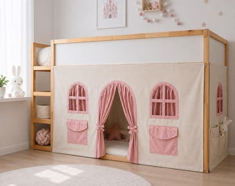 Cortinas IKEA KURA Castle, tienda de cama rosa con ventanas y bolsillos de almacenamiento.