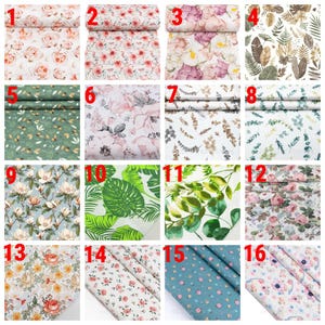 May include: A collection of sixteen fabric swatches featuring various botanical and floral patterns. The designs include roses, peonies, tropical palm leaves, eucalyptus sprigs, and small wildflowers in color palettes of pink, green, blue, and white.