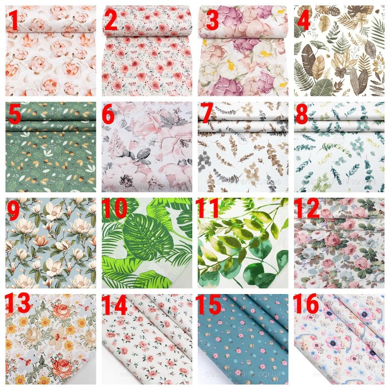 May include: A collection of sixteen fabric swatches featuring various botanical and floral patterns. The designs include roses, peonies, tropical palm leaves, eucalyptus sprigs, and small wildflowers in color palettes of pink, green, blue, and white.