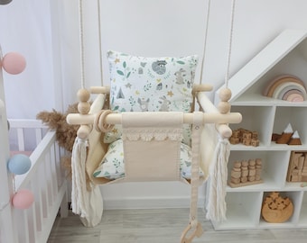 Wooden Baby Swing Indoor | Toddler Hanging Swing Seat with Cushion | Montessori Baby Swing | Natural Wood Nursery Swing | Baby Shower Gift