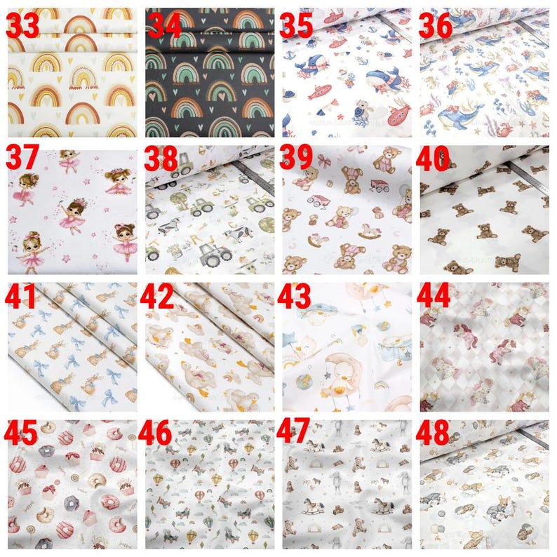 May include: A collection of sixteen fabric swatches labeled 33 through 48, featuring various printed patterns including rainbows, sea creatures, ballerinas, tractors, teddy bears, rabbits, ducks, unicorns, donuts, hot air balloons, and woodland animals.