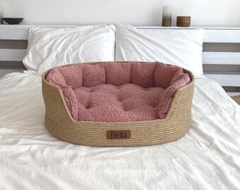 Personalized Jute Dog Bed, Handmade Cat Bed Basket with Teddy Cushion, Removable Bolsters, Boho Eco Pet Bed, Custom Name