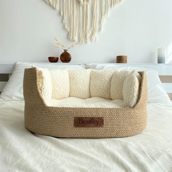 Personalized Jute Dog Bed, Handmade Cat Bed Basket with Teddy Cushion, Removable Bolsters, Boho Eco Pet Bed, Custom Name