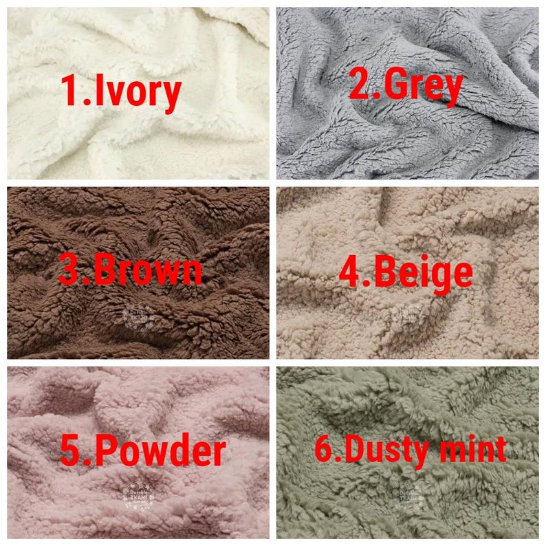 May include: A collage of six different textured fabrics. The colors include ivory, grey, brown, beige, powder, and dusty mint. Each fabric swatch is labeled with its respective color name in red text.