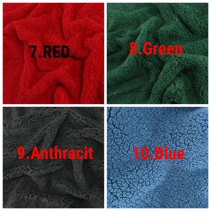 May include: A collage of four fabric swatches in red, green, anthracite, and blue. Each swatch has a fluffy, textured appearance. The colors are labeled with numbers and the color names: "7. RED", "8. Green", "9. Anthracit", and "10. Blue".