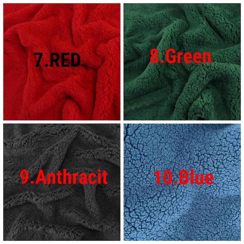 May include: A collage of four fabric swatches in red, green, anthracite, and blue. Each swatch has a fluffy, textured appearance. The colors are labeled with numbers and the color names: "7. RED", "8. Green", "9. Anthracit", and "10. Blue".