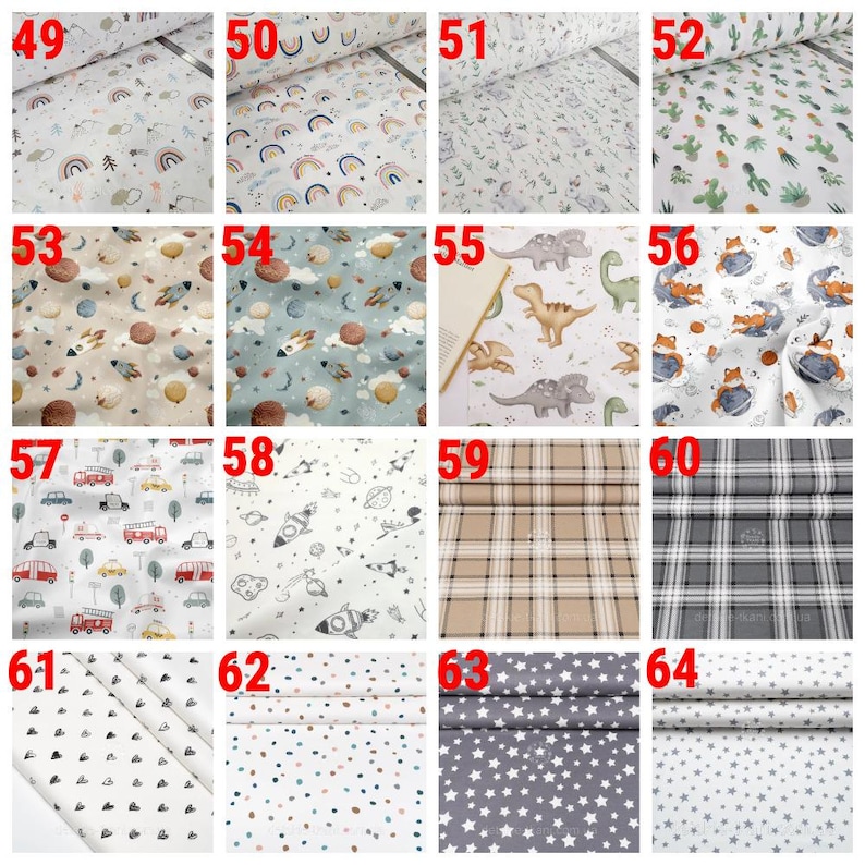 May include: A collection of sixteen fabric swatches featuring various patterns including rainbows, cacti, space themes, dinosaurs, foxes, fire trucks, plaid designs, hearts, polka dots, and stars, each labeled with a red number from 49 to 64.