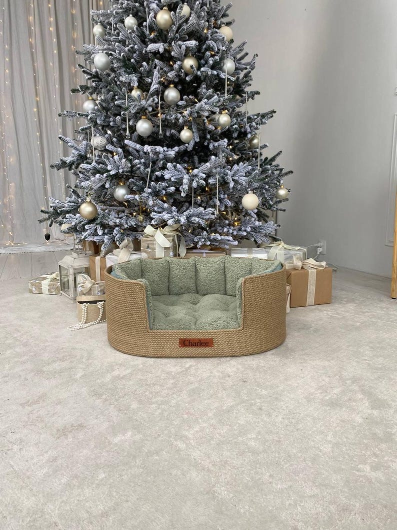 May include: A woven dog bed with a light green cushion and a brown leather tag that reads "Charlee." The bed is oval-shaped and sits on a light gray carpet. A decorated Christmas tree is in the background.
