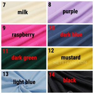 May include: A collection of fabric swatches in various colors, including milk, purple, raspberry, dark blue, dark green, mustard, light blue, and black. Each swatch has the color name displayed.