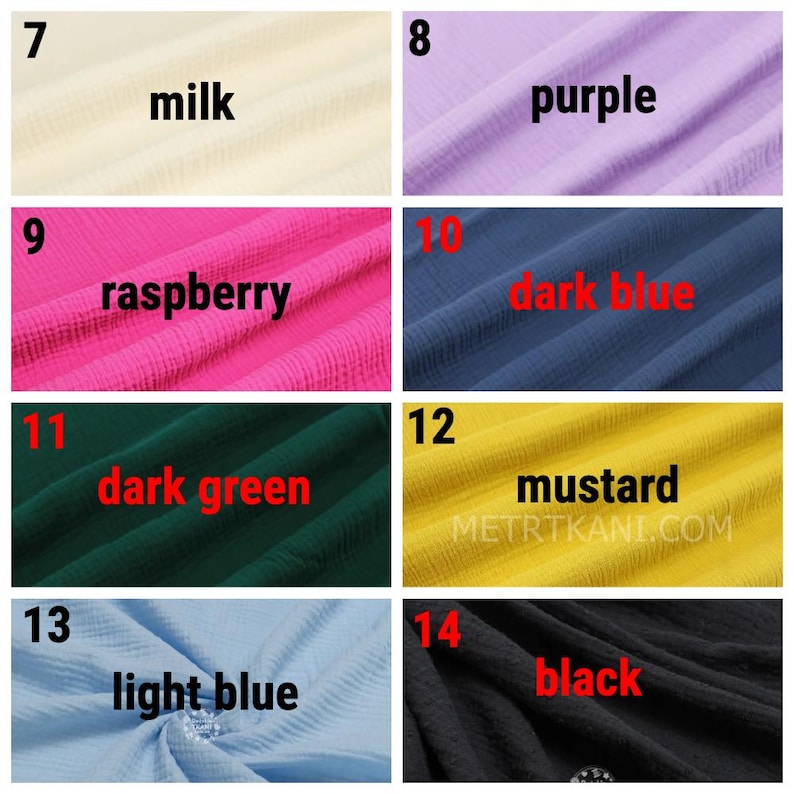 May include: A collection of fabric swatches in various colors, including milk, purple, raspberry, dark blue, dark green, mustard, light blue, and black. Each swatch has the color name displayed.