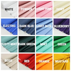 May include: A grid of sixteen fabric swatches in various colors, each labeled with text including White, Powder, Light Pink, Ivory, Electric, Dark Blue, Light Blue, Blueberry, Dusty Mint, Dark Green, Mint, Green, Beige, Red, Orange, and Mustard.
