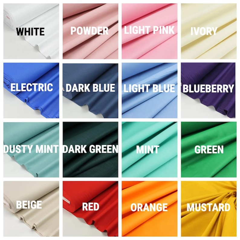 May include: A grid of sixteen fabric swatches in various colors, each labeled with text including White, Powder, Light Pink, Ivory, Electric, Dark Blue, Light Blue, Blueberry, Dusty Mint, Dark Green, Mint, Green, Beige, Red, Orange, and Mustard.