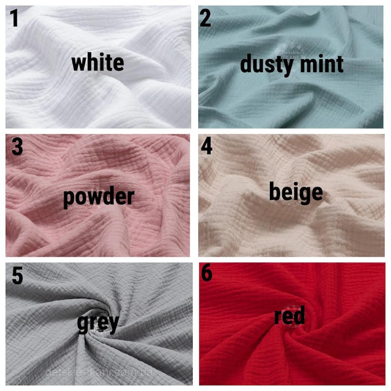 May include: A collection of six fabric swatches in various colors. The swatches include white, dusty mint, powder, beige, grey, and red. Each swatch has the color name printed on it.