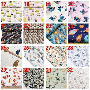 May include: A collection of sixteen fabric swatches featuring various patterns including cartoon characters, space themes, dinosaurs, woodland animals, vehicles, camouflage, and dogs, displayed in a grid layout with numbered labels from 17 to 32.