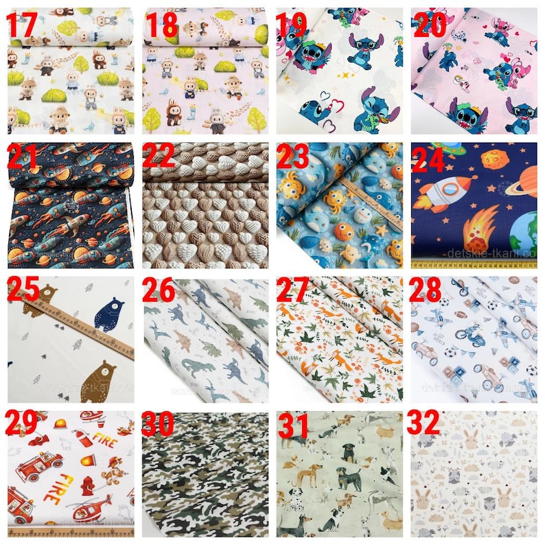 May include: A collection of sixteen fabric swatches featuring various patterns including cartoon characters, space themes, dinosaurs, woodland animals, vehicles, camouflage, and dogs, displayed in a grid layout with numbered labels from 17 to 32.