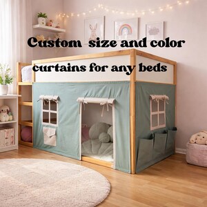May include: A light green fabric bed curtain set featuring roll-up windows, tie-up closures, and storage pockets, attached to a wooden loft bed frame. The text "Custom size and color curtains for any beds" is overlaid on the image.