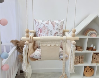 Wooden Baby Swing Indoor | Toddler Hanging Swing Seat with Cushion | Montessori Baby Swing | Natural Wood Nursery Swing | Baby Shower Gift
