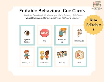 Tarjetas de referencia de comportamiento para el aula / Gestión visual del aula / Tarjetas de comportamiento para preescolar y jardín de infancia / Apoyos visuales SEL / Editables