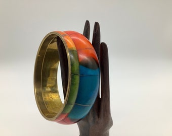 Vintage Colorful Bone Horn Inlaid Brass Bangle Bracelet Set- Green Red Blue Orange