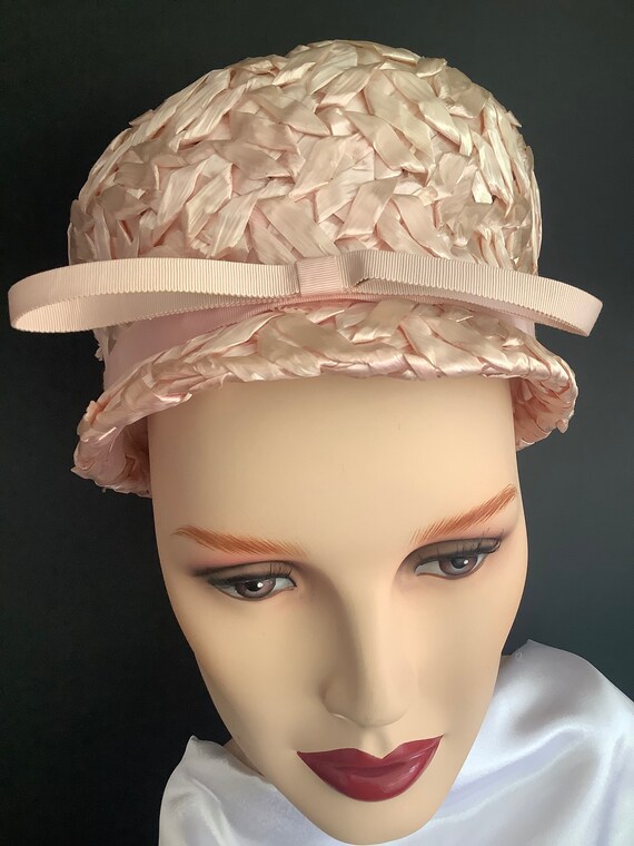 Cute Vintage Ladies 1960s Pink Straw Bucket Hat w… - image 2