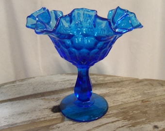 Vintage Blue Glass Ruffle Edge Footed Compote Bowl (Unmarked Fenton)