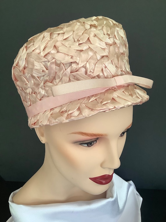 Cute Vintage Ladies 1960s Pink Straw Bucket Hat wi