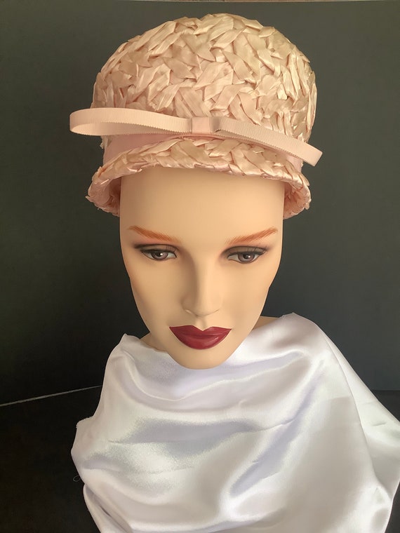 Cute Vintage Ladies 1960s Pink Straw Bucket Hat w… - image 3