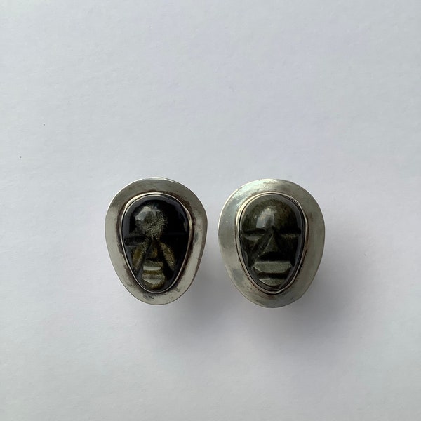 Vintage Carved Black Onyx Mayan Tribal Face Sterling Silver Cufflinks Made in Mexico