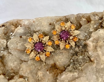 Superb Vintage Amber and Purple Rhinestone Flower & Leaf Clip On Earrings