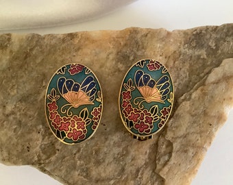 Vintage Cloisonné Butterfly Floral Enameled Oval Gold Tone Clip On Earrings