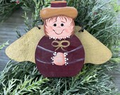 Burgundy Angel Christmas Ornament, Country Christmas Wood Angel Ornament, Angel Collector
