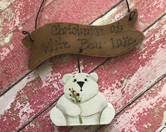 Wooden Polar Bear Christmas Ornament, White Bear Decoration, Northwoods Decor, Lodge Ornament