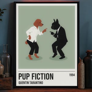 Pup Fiction – Dog Art A3 Print | Funny Movie Poster Parody | Poodle & French Bulldog Wall Art | Pulp Fiction Inspired Artwork Unframed