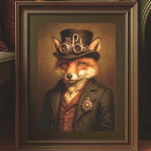 Steampunk Fox in Suit & Cravat with Bronze Background A3 Print | Animal Wall Art | Dapper Red Fox Picture | Wildlife Artwork | Sly Fox