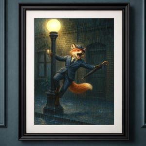 Fox Singing in the Rain A3 Print | Animal Wall Art | Dapper Red Fox as Gene Kelly | Dancing from a Lamp Post Print