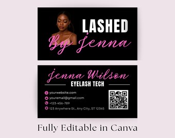 May include: Black business card design with a woman's photo, the text "LASHED By Jenna" in white and pink script. The bottom card has contact info, including a website, email, phone number, and address, plus a QR code.