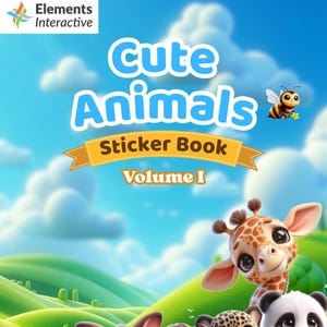 Puede incluir: Portada de libro de pegatinas "Cute Animals" con una variedad de animales de dibujos animados. La portada presenta una jirafa, un panda, un koala y otros animales lindos. El fondo es un cielo azul con colinas verdes.