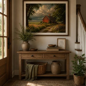 May include: A rectangular wooden console table with two drawers and a lower shelf, featuring a woven basket with a green throw, a ceramic vase, and a framed landscape print of a red barn under a cloudy sky with the text Home is where the heart rests.