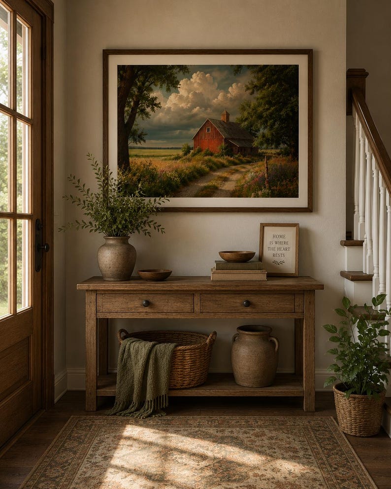 May include: A rectangular wooden console table with two drawers and a lower shelf, featuring a woven basket with a green throw, a ceramic vase, and a framed landscape print of a red barn under a cloudy sky with the text Home is where the heart rests.
