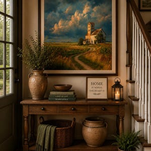 May include: A framed landscape painting of a rural building under a dramatic cloudy sky hangs above a wooden console table. The table holds a ceramic vase with greenery, a stack of books, a bowl, a framed sign reading HOME IS WHERE THE HEART IS, and a lantern.