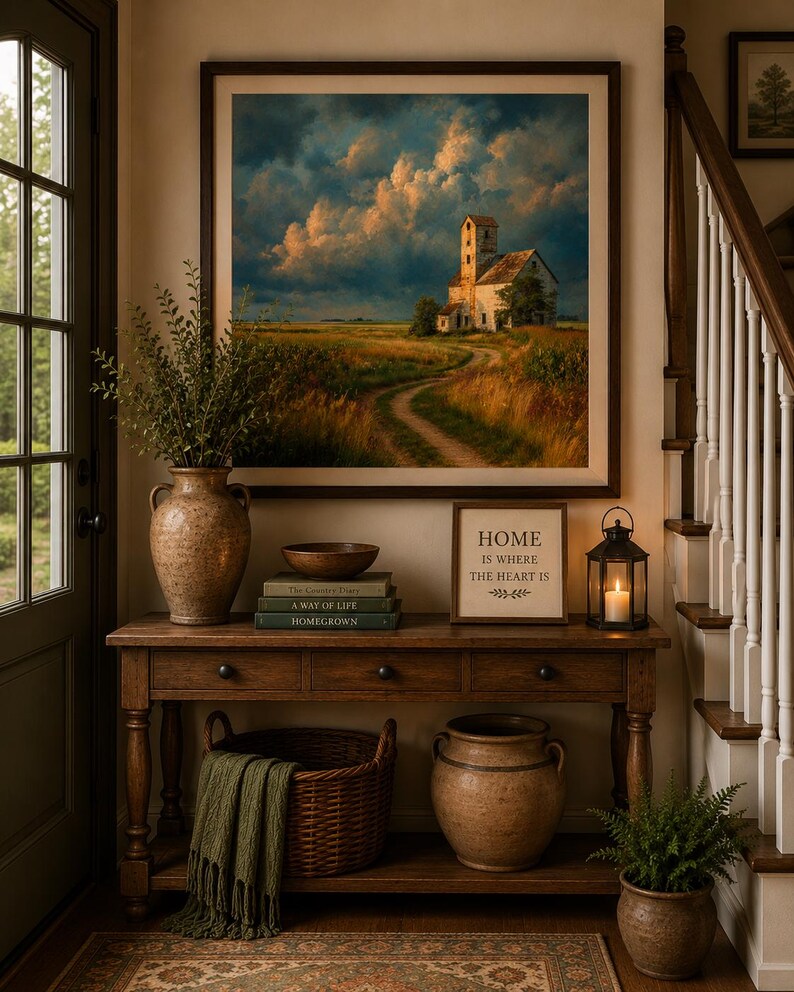 May include: A framed landscape painting of a rural building under a dramatic cloudy sky hangs above a wooden console table. The table holds a ceramic vase with greenery, a stack of books, a bowl, a framed sign reading HOME IS WHERE THE HEART IS, and a lantern.