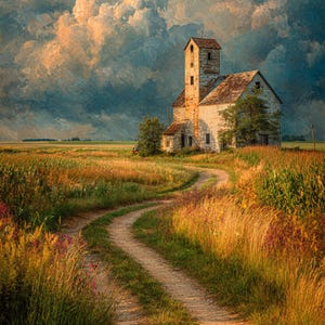 May include: A weathered white wooden building with a tall central tower stands at the end of a winding dirt path. The surrounding landscape features golden fields of tall grass and wildflowers under a dramatic sky filled with heavy clouds.