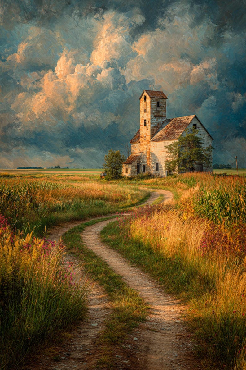 May include: A weathered white wooden building with a tall central tower stands at the end of a winding dirt path. The surrounding landscape features golden fields of tall grass and wildflowers under a dramatic sky filled with heavy clouds.